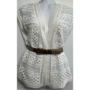 Knitted & Knotted Anthropologie White Open Front Vest S Crochet Boho Cottagecore